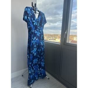 Donna Ricco Maxi Dress Blue Floral Rayon V-Neck Short Sleeve Woven 12